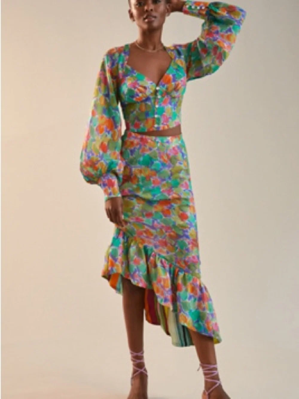High-Low Floral Ruffle Midi Skirt - Multi Color - Picture 1 of 6